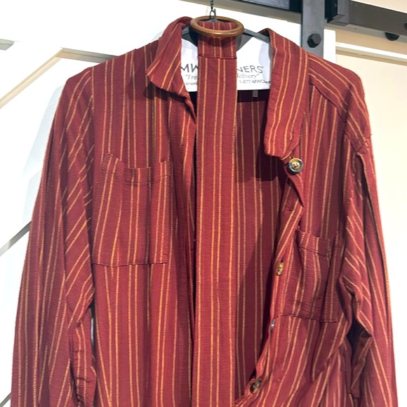 Free People Maroon Pinstripe Belted Midi Shirt Dress - Picture 1 of 3